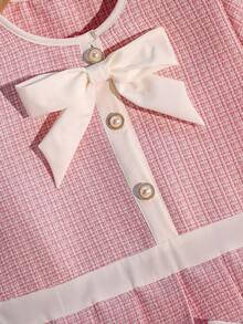 SHEIN Tween Girl Round Neck Bow Decor Pleated Sweet Short Sleeve Dress, Suitable For Vacation And Daily Wear - Pink - View 6