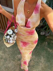 Livesso 黄色吊带印花中长连衣裙，适合海滩派对、度假、夏季穿着。 - 淡黃色 - 查看 6