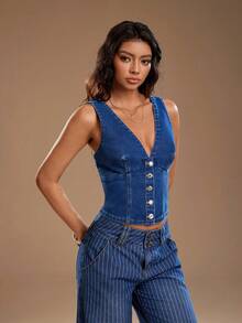 TRNVIE 女士深V领单排扣修身牛仔背心 - 藍色 - 查看 4