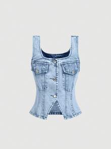 Sweetra Women's Casual Single-Breasted Sleeveless Denim Shirt - Blue - View 1
