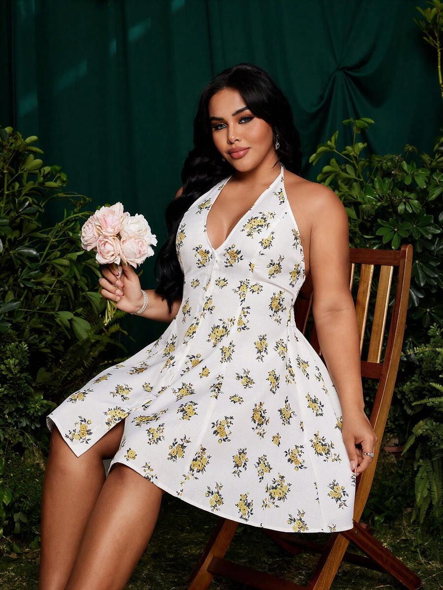 Roveilla Vestido de vacaciones con cuello de halter con estampado floral diminuto, talla grande, primavera/verano - Amarillo - Ver 1