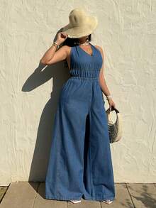 Sunnyshic Sexy Sleeveless V-Neck Loose Denim Jumpsuit - Blue - View 7