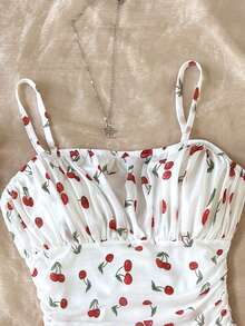 SHEIN Đầm không tay in hình quả anh đào dễ thương, ngọt ngào dành cho bé gái tuổi teen. - Hồng - Xem 3