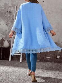 EMERY ROSE 大码女式休闲度假纯色蓝色蕾丝拼接七分袖和服外套，春夏款 - 藍色 - 查看 4