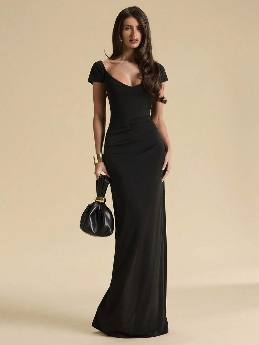 SHEIN BAE Đầm maxi nữ màu đen thanh lịch, chất liệu vải dệt kim, tay ngắn, cổ áo hình trái tim, chi tiết xếp ly và vạt đuôi cá. - màu đen - Xem 1