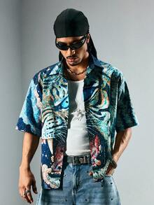 ROMWE MEN Street Life 男士时尚虎纹数码印花 Polo 领短袖衬衫 - 彩色 - 查看 4