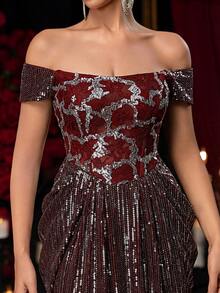 Glamrae 优雅棕色奢华亮片蕾丝拼接单肩鱼尾可调节系带连衣裙，适合约会、度假、单身派对、婚礼、正式场合。 - 酒紅色 - 查看 4