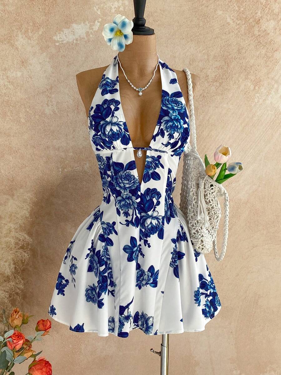 Soleia 女士波点V领镂空腰A字迷你连衣裙，适合派对、圣诞节、约会、夜店、波西米亚风、度假、秋季等场合。 - 藍白色 - 查看 1