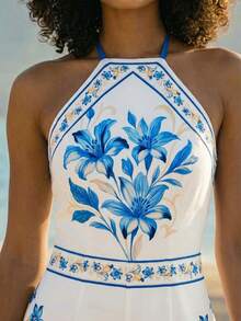 CAJUNI 女士印花露背系带阔腿连体裤，沙滩度假风 - 彩色 - 查看 5