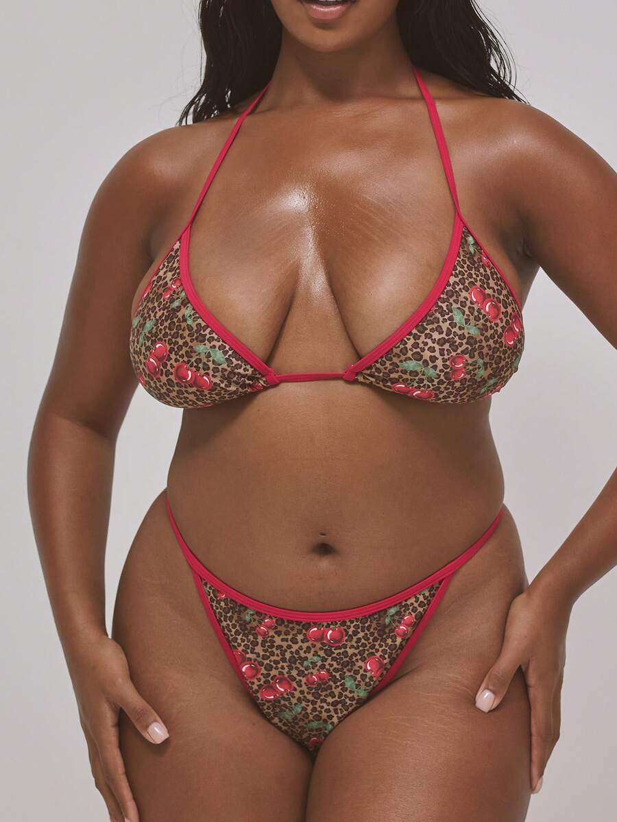 MUSERA Áo bikini cỡ lớn viền tương phản họa tiết da báo anh đào, dễ thương, gợi cảm, thích hợp cho kỳ nghỉ xuân hè, lễ hội Ibiza. - Nhiều màu - Xem 1