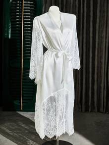 SilkySpell 1 chiếc áo choàng gợi cảm dành cho nữ, váy dài bằng satin thanh lịch, áo khoác tay dài viền ren, màu trắng, váy mặc nhà, phù hợp mọi mùa. - trắng - Xem 3