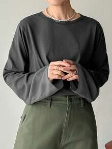 FRIFUL Women's Round Neck Loose Fit Contrast Color T-Shirt With Chiffon Mesh Hem Decoration - Grey - View 5