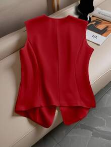 Franclia 时尚无袖单排扣收腰假口袋女式衬衫，百搭日常穿搭，红色女式背心，红色衬衫，红色马甲，女士红色背心 - 紅色 - 查看 2