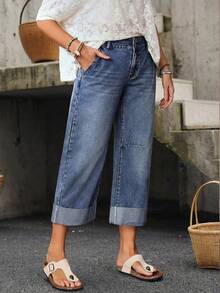 EMERY ROSE Women's Casual Versatile Solid Color Cropped Jeans With Slant Pockets - Blue - View 3