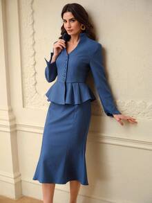 ZEYLAH 两件套/组：收腰X型西装外套和修身半裙，秋冬款 - 藍色 - 查看 6