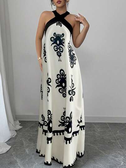 Rafferiza Women's Summer French Vacation Design Sense Black Patchwork Halter Bowknot Backless Maxi Printed Casual Dress