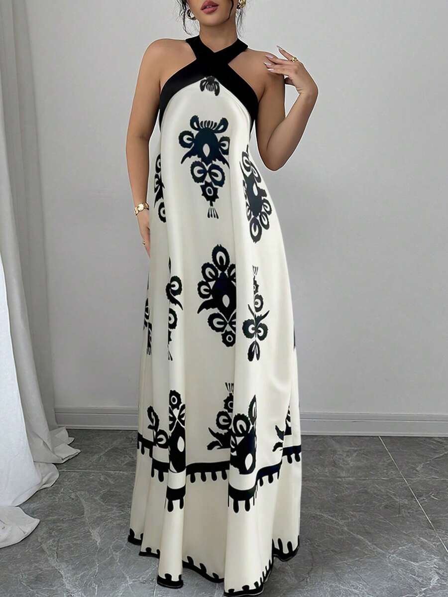 Rafferiza 女士夏季法式度假风黑色拼接露背蝴蝶结吊带长款印花休闲连衣裙 - 杏色 - 查看 1