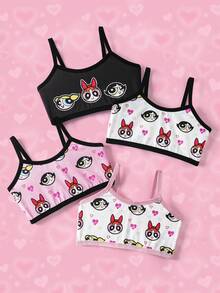 THE POWERPUFF GIRLS X SHEIN 4pcs Young Girl Cute Cartoon Heart Print Ringer Undershirt Cami Top - Pink - View 1