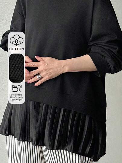 FRIFUL Women's Solid Color Cotton Blend Round Neck Long Sleeve T-Shirt With Pleated Hem, Loose And Casual