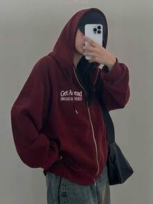 DAZY 刺绣美式拉链连帽夹克秋季女装运动衫夹克 - 酒紅色 - 查看 9