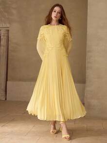 MOTF PREMIUM WOMEN'S ROMANTIC ELEGANT LACE PATCHWORK PLEATED LONG DRESS, SPRING/SUMMER - Yellow - View 5