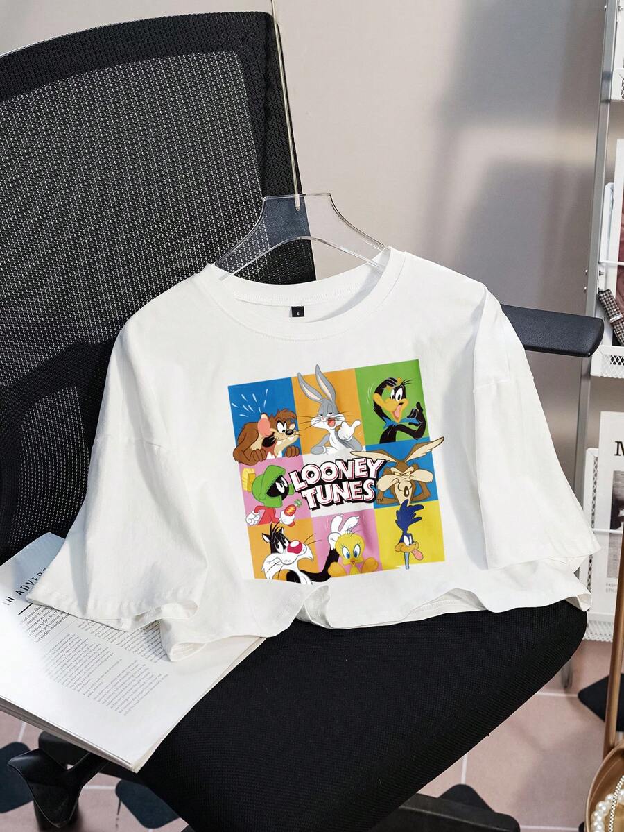 LOONEY TUNES X SHEIN Women's Casual Everyday Commute Funny Cartoon Letter Print Dropped Shoulder Loose Cropped White T-Shirt, Summer - White - View 1