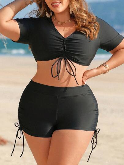 Swim Chiccia Plus Size Solid Color Drawstring Bikini Swimsuit Set, Basic Style For Summer Beach