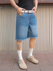 PAVTROS Men's Casual Washed Denim Shorts With Frayed Hem, Summer - Blue - View 5