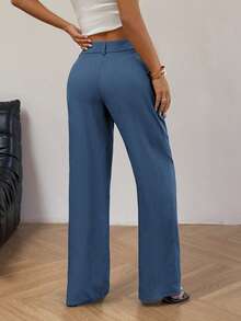 FavEase 女士休闲纯色直筒裤 - 藍色 - 查看 2