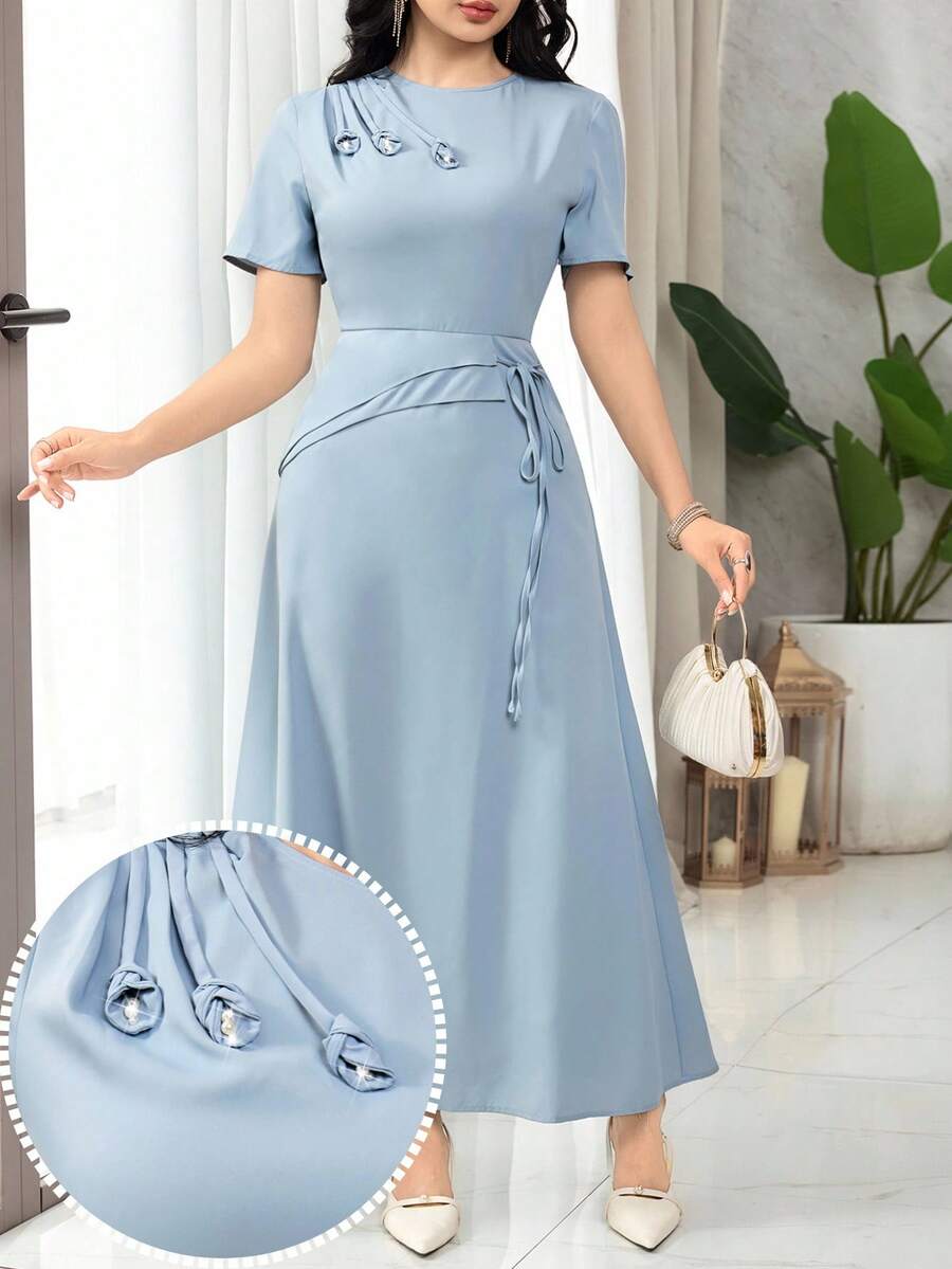 Feyla Women's Elegant Dusty Blue Summer Midi Dress,Round Neck Short Sleeve Waist Tie Cinched Design,Perfect For Garden Party,Vacation And Baby Blue Events - Blue - View 1