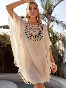 Swim Lushoire Summer Beach Crochet Panel Fringe Decorated Cover Up Dress Wedding - Apricot - View 4