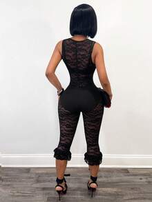 BamGleam 女士性感透视蕾丝深V领连体裤 - 黑色 - 查看 3