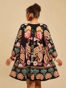 Travachic 大码女式黑米色复古印花连衣裙，七分袖印花连衣裙，秋季连衣裙 - 黑色 - 查看 2