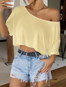 SHEIN EZwear 芥末黄针织宽松露肩超大款女式T恤 - 鵝黃色 - 查看 5