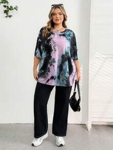 SHEIN CURVE+ Áo thun vai trễ vai vá chữ nhuộm loang màu, Mùa hè/2026/Năm mới - Nhiều màu - Xem 8