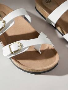 Solecia Casual Cork Sole Adjustable Buckle Sandals For Ladies - White - View 5