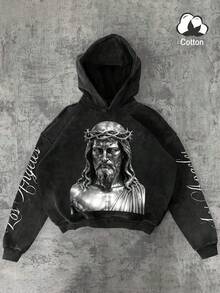 Manfinity EMRG Men's Jesus Portrait & Los Angeles Slogan Graphic Hoodie, Street Style - Black - View 1