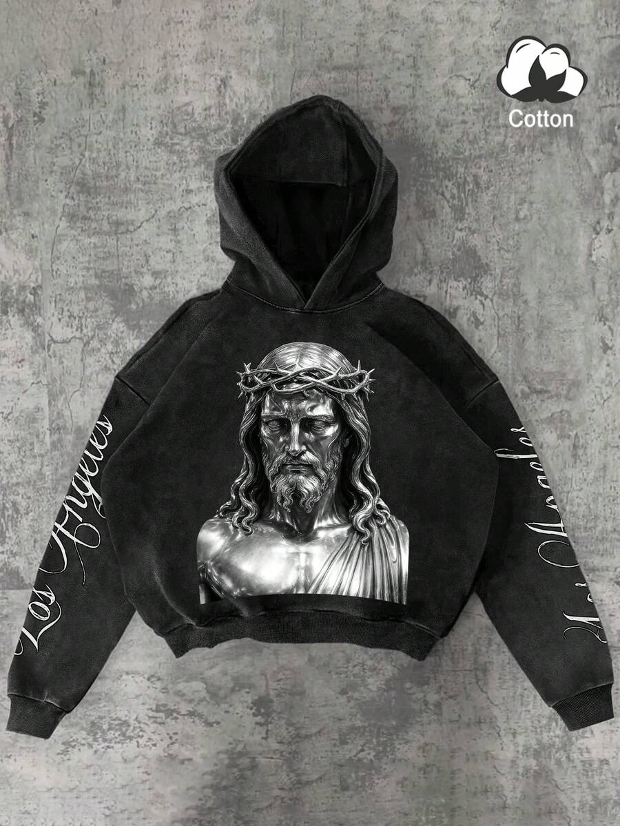 Manfinity EMRG Men's Jesus Portrait & Los Angeles Slogan Graphic Hoodie, Street Style - Black - View 1