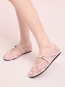 CUCCOO DOLLMOD 粉色蕾丝花卉透气玛丽珍平底鞋，舒适通勤女鞋，温柔仙气百搭鞋 - 粉色 - 查看 5