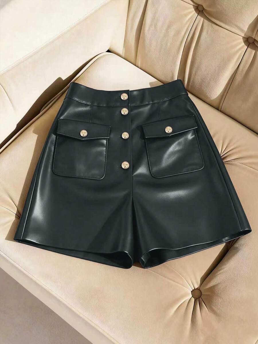 SHEIN Franclia 女士纯色纽扣前袋PU皮革休闲短裤 - 灰色 - 查看 1