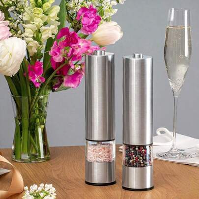 1个电动盐和胡椒研磨器，单手自动操作可调节不锈钢研磨器，自动胡椒研磨器，厨房用电子可调节胡椒研磨器（不含电池）