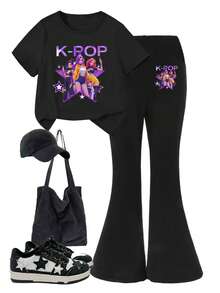 一套女童休闲舒适韩流女团印花短袖圆领T恤和喇叭裤套装，时尚休闲，适合春夏穿着 - 黑色 - 查看 3