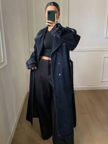 DAZY 女士翻领系腰牛仔防风夹克，冬季 - 深灰色 - 查看 3