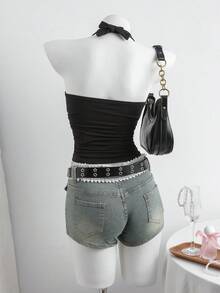 SHEIN Teen Girl Casual Daily Fashion Black Knit Halter Neck Tank Top - Black - View 2