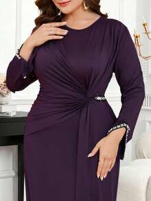 SHEIN Clasi 大码纯色圆领褶皱优雅长袖连衣裙 - 紫色 - 查看 1