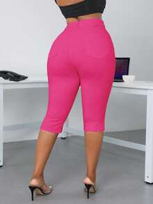 SHEIN SXY Quần short Bermuda denim nữ cài nút, kiểu dáng thường ngày, đa năng. - Màu Hồng Tươi - Xem 2