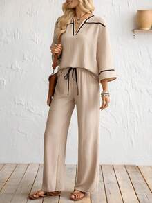 Florisole Vacation And Leisure Two-Piece Set With Black Trim, Summer Three-Quarter Sleeve Two-Piece Set With Trousers, Spring And Summer Two-Piece Set, Summer Suit, Casual Vacation Outfit, Women's Vacation Wear, Women's Holiday Outfit, Summer Holiday Outfit, Apricot Suit With Black Trim Design, Two-Piece Set - Apricot - View 4