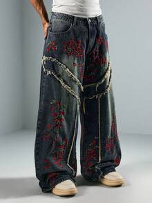 ROMWE MEN Street Life 男士印花做旧牛仔裤，带腰带环 - 藍色 - 查看 4