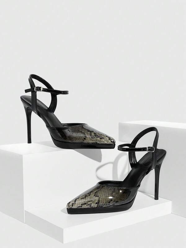 CUCCOO SZL 女鞋尖头细高跟增高水滴形蛇纹渐变色踝带简约后跟提拉带女式露跟鞋时尚派对宴会简约时尚性感女式高跟鞋女鞋