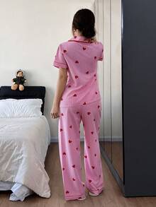 SHEIN Napfluff Sweet Heart Striped Short Sleeve Pajama Set - Pink - View 2